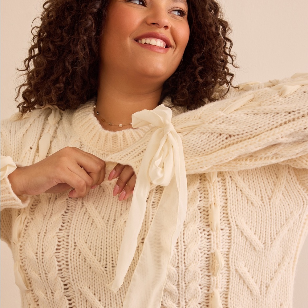 Altar’d State Gemma Ribbon Oversized Knit Sweater with Bow Ribbon Detail Cream